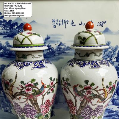 Cặp chóe phỏng cổ vẽ tay họa tiết Chim Trĩ Hoa Phù Dung